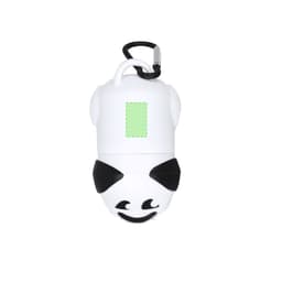 A panda-shaped waste bag dispenser in white and black, featuring a carabiner for easy attachment.
