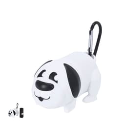 A white and black dog-shaped bag holder with a carabiner and a roll of waste bags included.