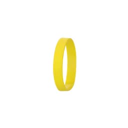 A yellow silicon wristband with a smooth surface and a simple circular design. It features a logo.