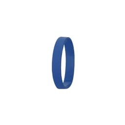 A blue silicone wristband with a smooth finish and a circular shape, featuring a logo.