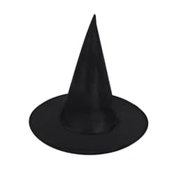 A black witch hat with a tall, pointed crown and a wide brim, featuring a logo on it.