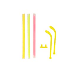Colourful novelty drink straws in pink, yellow, and green, with a yellow connector piece included.