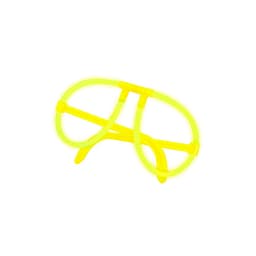 A novelty item featuring bright yellow plastic glasses with a unique design and a logo.