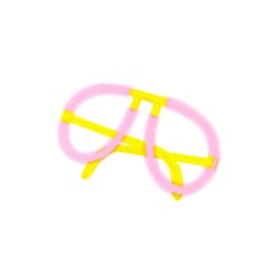 A novelty item in pink and yellow, resembling oversized glasses, made from flexible tubing. It features a logo.