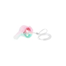 A novelty light-up toy in pink and green with a clear handle and a wrist strap. Features a branding logo.
