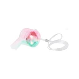 A novelty light-up toy in pink and green colours with a transparent casing and a hanging strap.