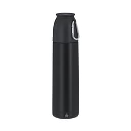A drink bottle featuring a sleek black design, with a carabiner clip and a curved, ergonomic top.