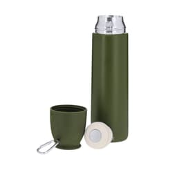 A drink bottle and cup set in olive green with a silver lid and a logo. Includes a detachable lid with a carabiner.