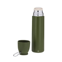 A drink bottle in olive green with a stainless steel lid and a matching cup attached by a carabiner.