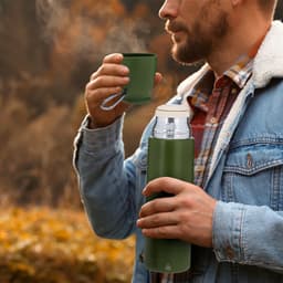A drink bottle in green held by a person, alongside a mug. The bottle features a silver lid and a logo.