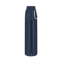 A drink bottle in navy blue, featuring a secure top and a carabiner clip for easy attachment. It has a logo.