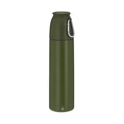 A drink bottle in olive green, featuring a carabiner and a textured finish. It has a logo on the body.