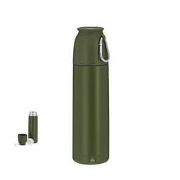 A drink bottle in olive green, featuring a carabiner and a detachable cup, with a simple logo.