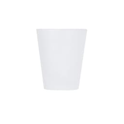 A white shot glass with a sleek design, featuring a subtle logo.