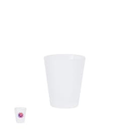 A set of white plastic shot glasses, one featuring a colourful logo, in a simple design.