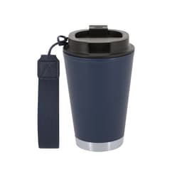 A drink bottle in navy blue with a black lid and a silver base, featuring a detachable strap.