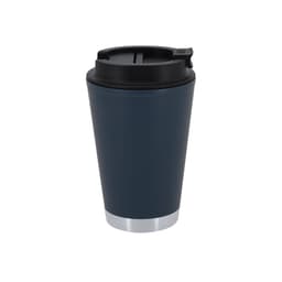 A drink bottle in navy blue with a black lid and a silver base, featuring a branding logo.