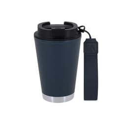 A drink bottle featuring a navy blue insulated cup with a black lid and a silver base, complete with a handle strap.