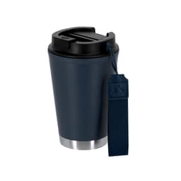 A drink bottle in navy blue with a black lid and a removable carrying strap, featuring a logo.