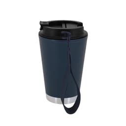 A drink bottle in navy blue with a black lid and a stainless steel base, featuring a strap for easy transport.