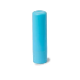A light blue lip balm in a cylindrical container with a smooth finish and a rounded top, featuring a logo.