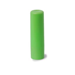 A green lip balm container with a smooth finish. The product has a rounded top and features a logo.