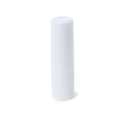 A cylindrical white lip balm container with a smooth cap. Features a simple design and includes a branding logo.