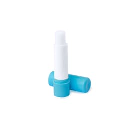 A lip balm tube with a white body and a light blue cap, featuring a logo on the packaging.