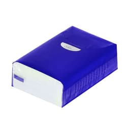 A pack of white tissues in a vibrant blue tissue box. The box features an opening tab and a textured side.