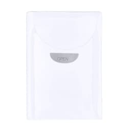 A clear plastic pouch with a silver “OPEN” label, designed for storing miscellaneous items.