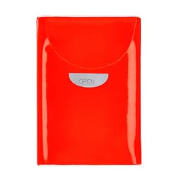 A pack of red Farnex Tissues with a glossy finish and a silver tab for opening.