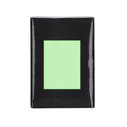 A black tissue box featuring a rectangular cutout on the front. It has a glossy finish and includes a logo.