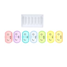 A colourful pill organiser with compartments for each day of the week, featuring pastel shades and a clear cover.