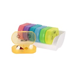 A set of colourful weekly pill organisers in a white holder, featuring compartments for each day of the week.