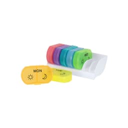 A weekly pill organiser with colour-coded compartments for each day, featuring a white stand.