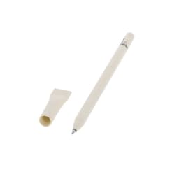 A cream-coloured pen with a removable cap, featuring a logo. The nib is exposed and ready for use.