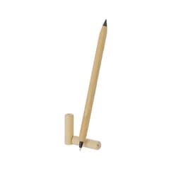 A wooden pen in natural colour, featuring a pointed tip and two cylindrical caps, one standing and one lying down.