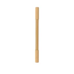 A wooden pen with natural finish and cylindrical design, featuring end caps. It has a logo on the barrel.