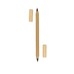 A wooden pen in natural bamboo colour, with two removable caps on either side. It features a logo.