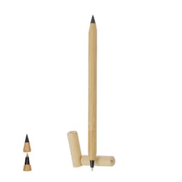 A wooden pen coloured in natural bamboo with black accents, featuring a cap and a stand.