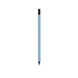 A blue pencil with a black tip, featuring a smooth finish and a branded end.