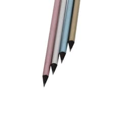 A set of four coloured pencils in pink, white, blue, and gold, each with a sharpened tip, featuring a logo.