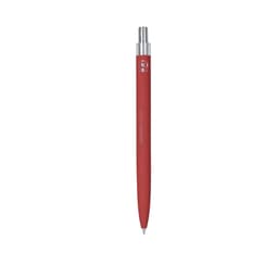 A red metal pen with a silver clip and branding on the barrel.