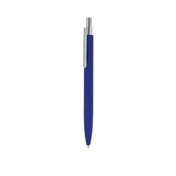 A metal pen in a deep blue colour with a shiny silver clip and tip. It features a logo on its design.