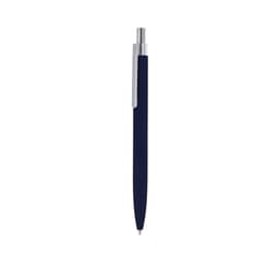 A metal pen in navy blue with a silver clip and a sleek design, featuring a logo.