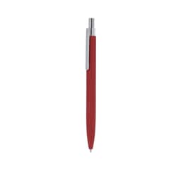 A metal pen in a deep red hue with a sleek silver clip, featuring a branding logo.