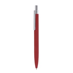 A metal pen with a red body and chrome accents, featuring a sleek design and a clip.