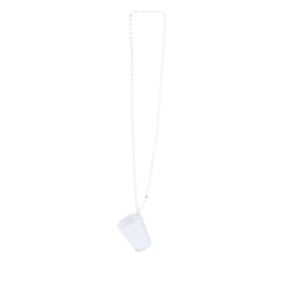 A clear shot glass hangs from a white beaded chain, highlighting its sleek design.