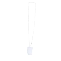 A white shot glass attached to a beaded chain. The product features a logo on the glass.