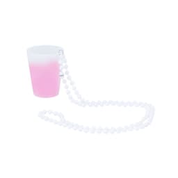 A pink shot glass with a white gradient and a matching beaded chain for carrying. It features a logo.